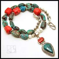 turquoise coral biwa pearl silver pendant beaded necklace