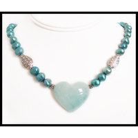 aquamarine carved heart blue pearl beaded necklace