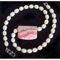 banded argentine rhodochrosite and pearl necklace