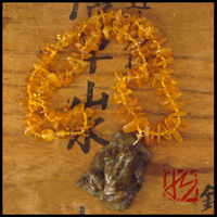 carved frog & fossil amber beaded necklace