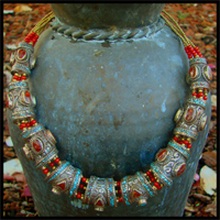 large ethnic coral turquoise brass neckpiece